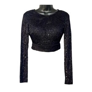 B Darlin Black Sequin Lace Long Sleeve Crop Top Open Back XS